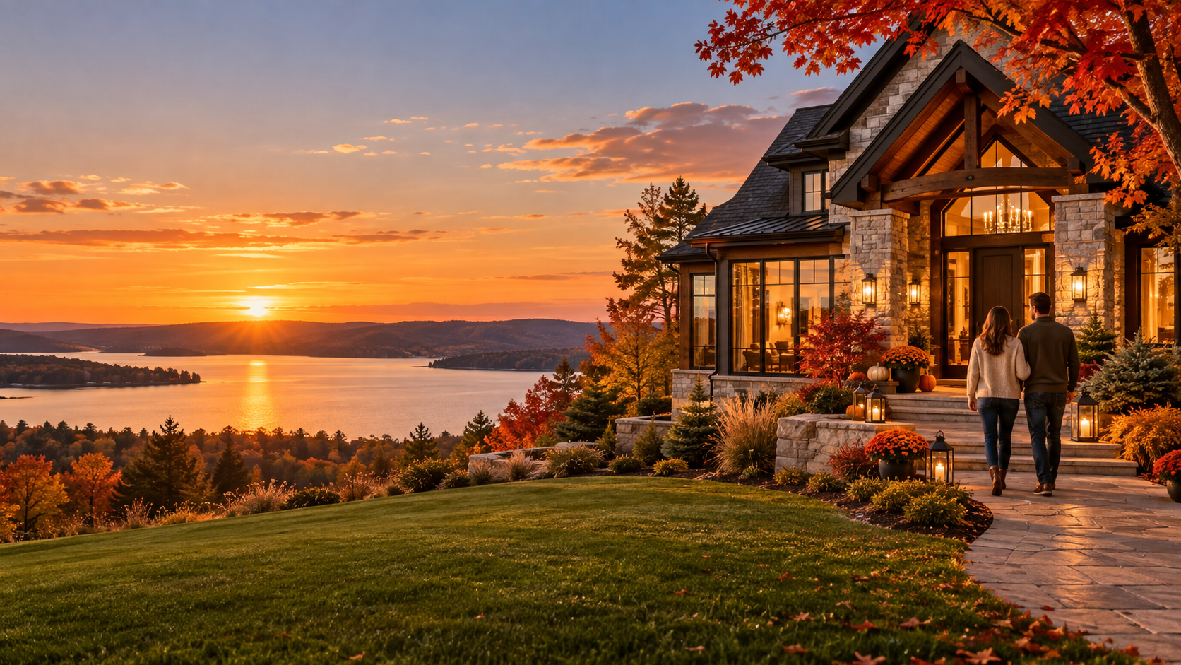 A couple approaching a warmly lit lakeside home amid autumn foliage, pumpkins and lanterns at sunset