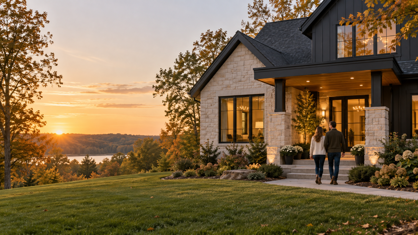 A couple walking toward a warmly lit Minnesota home at sunset