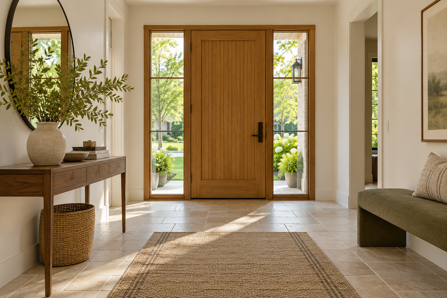 Sunlit entryway with an oak front door, walnut console, and olive green bench