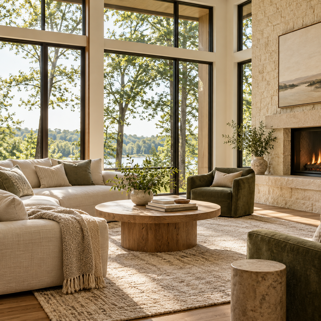 Sunlit living room with cream seating, green accents, and a limestone fireplace