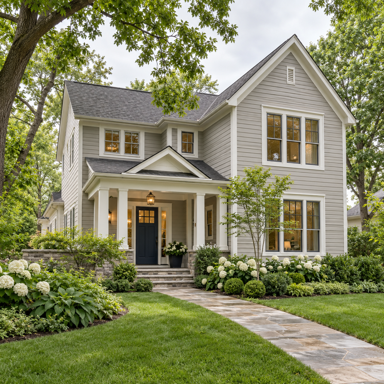 Gray two-story home with a covered porch, navy front door, and hydrangea-lined walkway